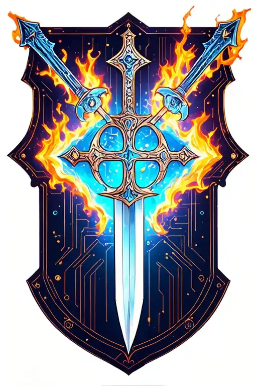Two daggers and sword hiden behind a shield. Orthodox cross. Water fire  tattoo design idea
