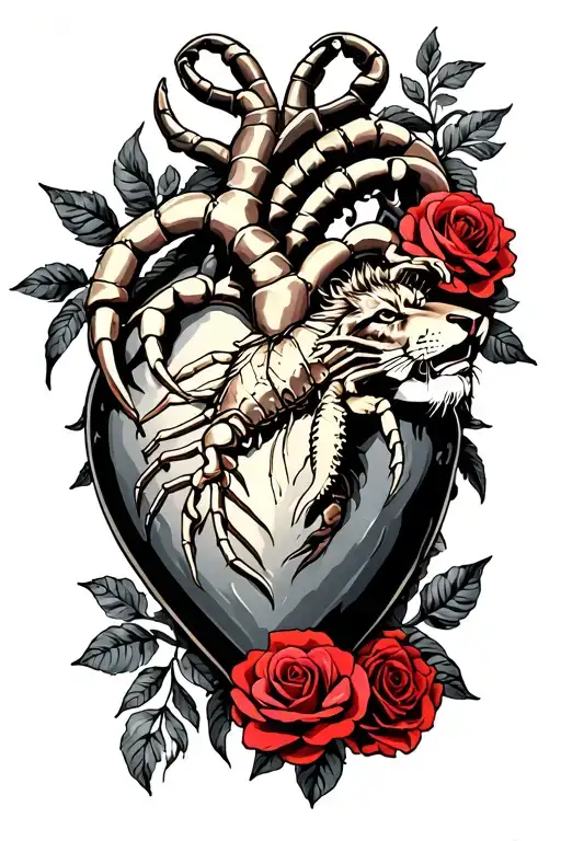 heart with scorpions and a lion and a crab surrounded by roses tattoo design idea