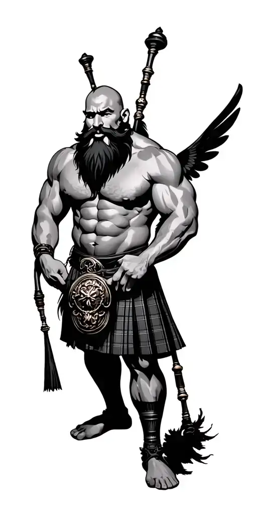 shirtless muscular bagpiper bald black beard  big wings playing bagpipes in arm tattoo design idea