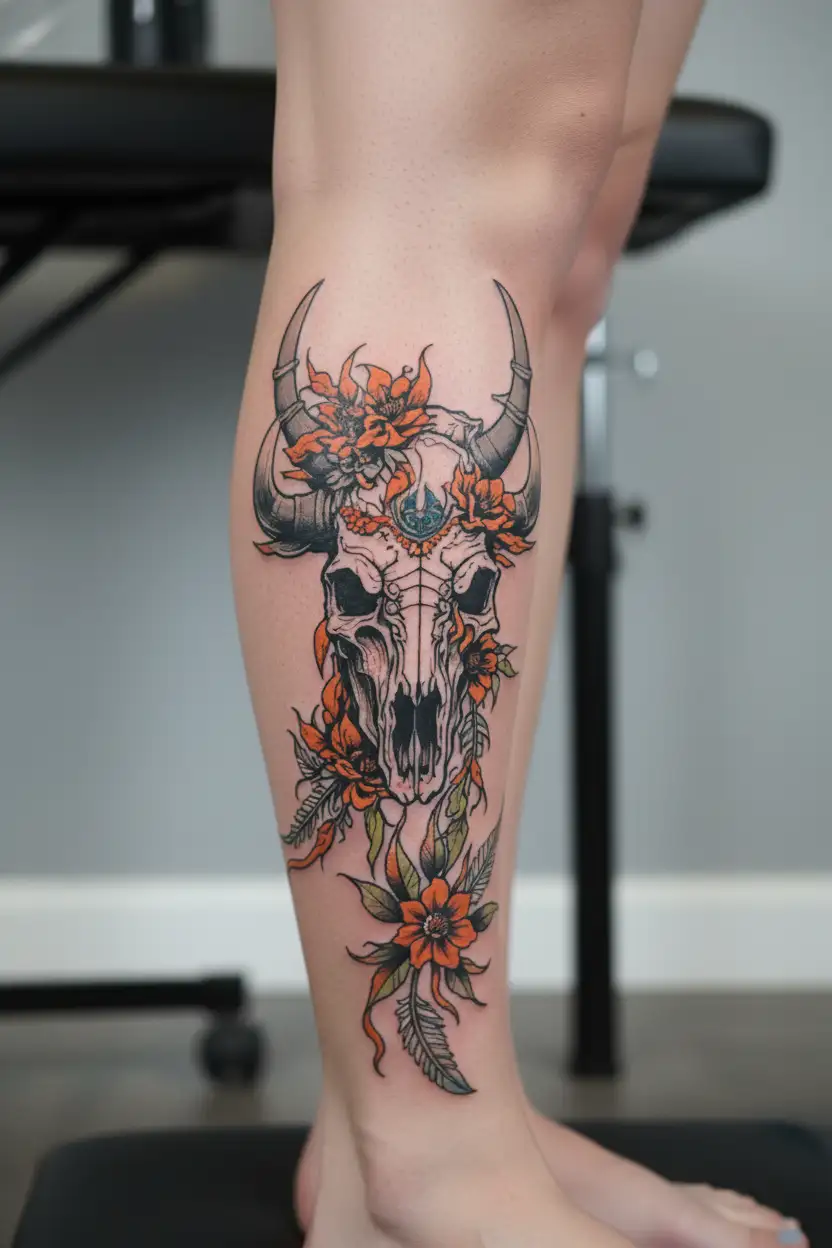 bison bill skull with Indian paint brush tattoo design idea
