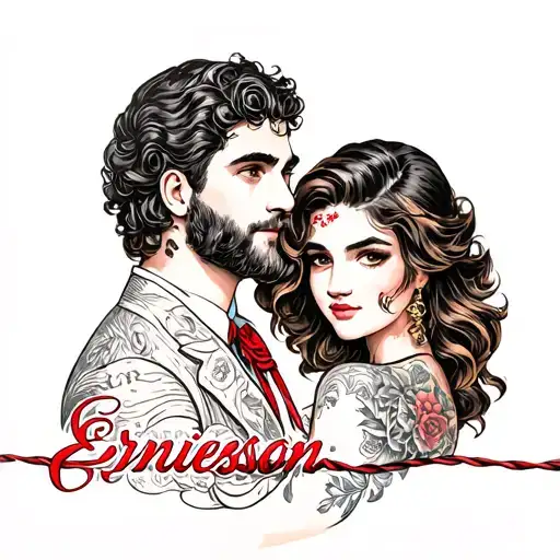 name Ernieson And kristine connected by a red string mended tattoo design idea