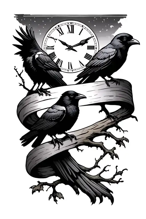 night sky, crows, tree branch, time, ribbon tattoo design idea