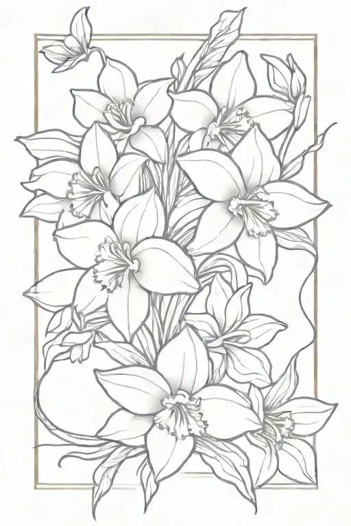 violet, daffodils bouquet tied tattoo design idea