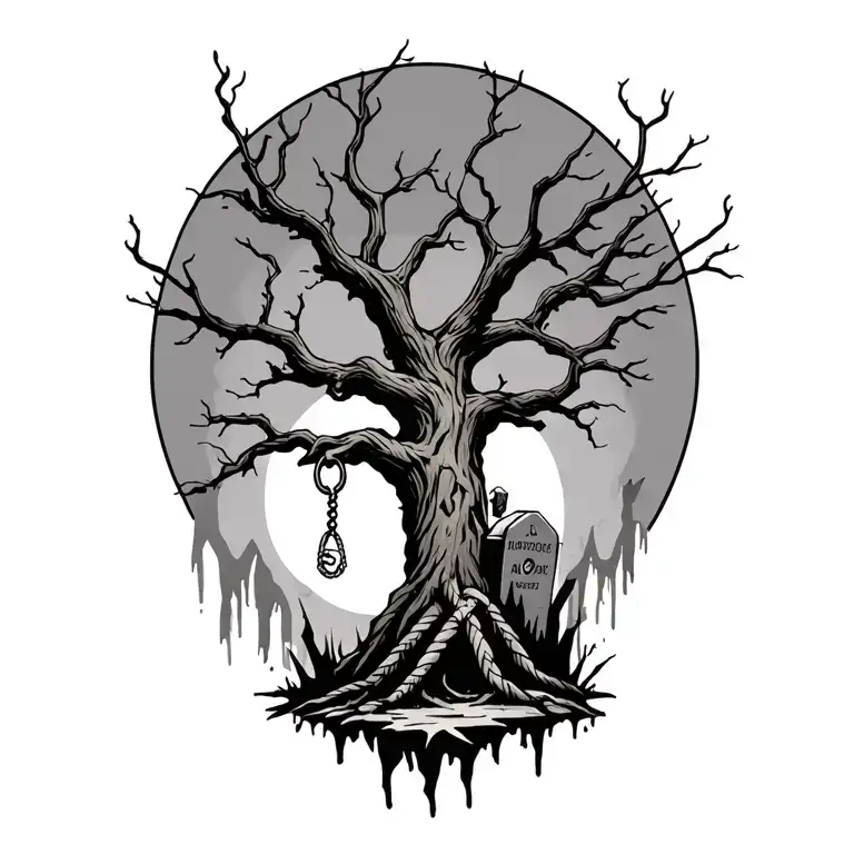 dead tree with a noose hanging from it below is a rip tombstone the bottom left of the tree there is a Ghoul busting out tattoo design idea