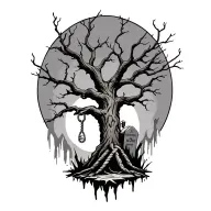 dead tree with a noose hanging from it below is a rip tombstone the bottom left of the tree there is a Ghoul busting out tattoo design idea