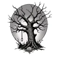 dead tree with a noose hanging from it below is a rip tombstone the bottom left of the tree there is a Ghoul busting out tattoo design idea