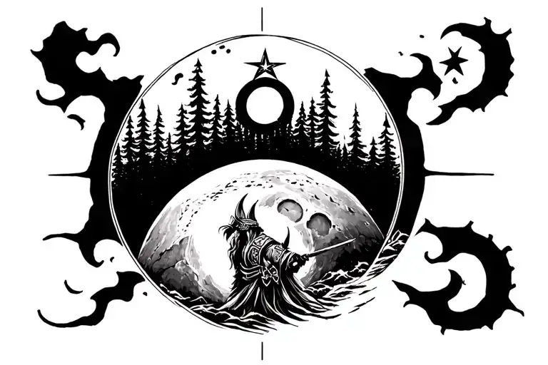 Viking back forest and on top of the moon, a star of Svarog tattoo design idea
