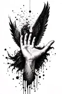 Falling angel coverin up hand and particles covering fingers going upside to hand tattoo design idea