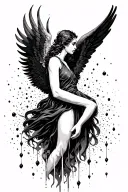 Falling angel coverin up hand and particles covering fingers going upside to hand tattoo design idea