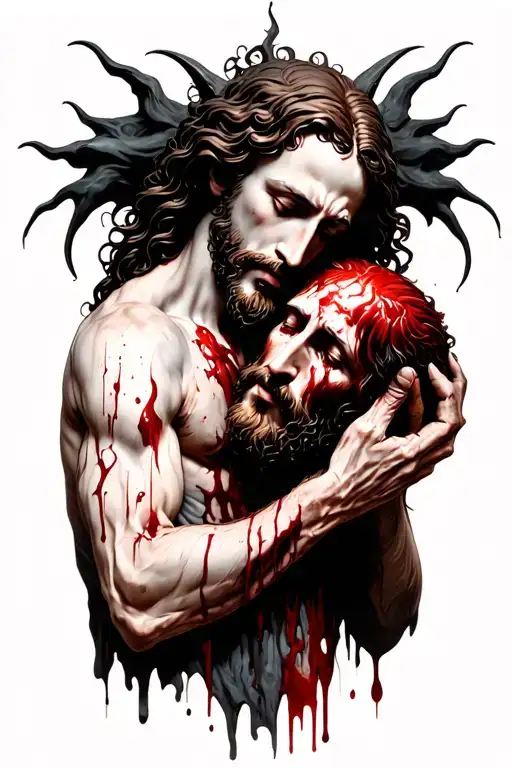 demon holding Jesus christs bloody head surrounded by black magic tattoo design idea
