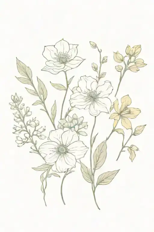 birth flowers of Jan, Feb, June, August, Sept, nov and December. in colour. tattoo design idea
