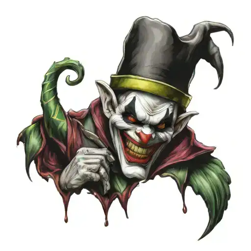 The evil jester who laughs and takes off his mask with mountains tattoo design idea