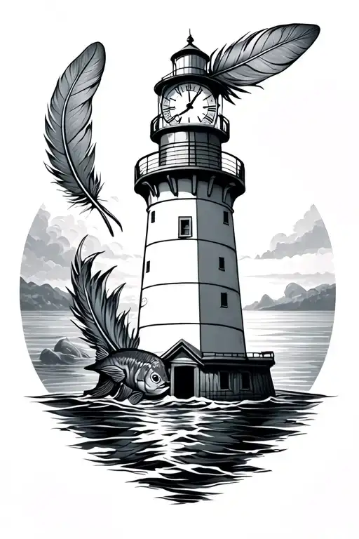 lighthouse with clock indian feather and fish tattoo design idea