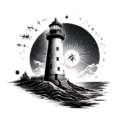 Lighthouse on the background of the moon and the sun with a ray of light compass tattoo design idea