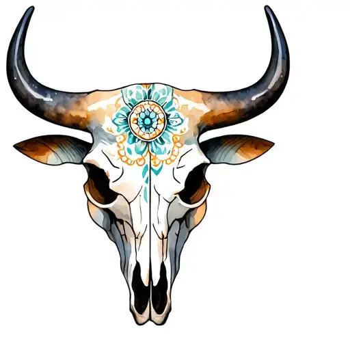 bull skull with sugar skull markings all over and Libra scales with shaded background tattoo design idea
