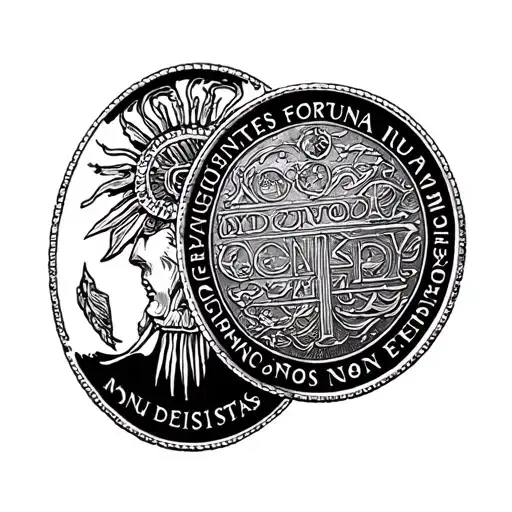 latin words as a coin "audentes fortuna iuvat non desistas non exieris" tattoo design idea
