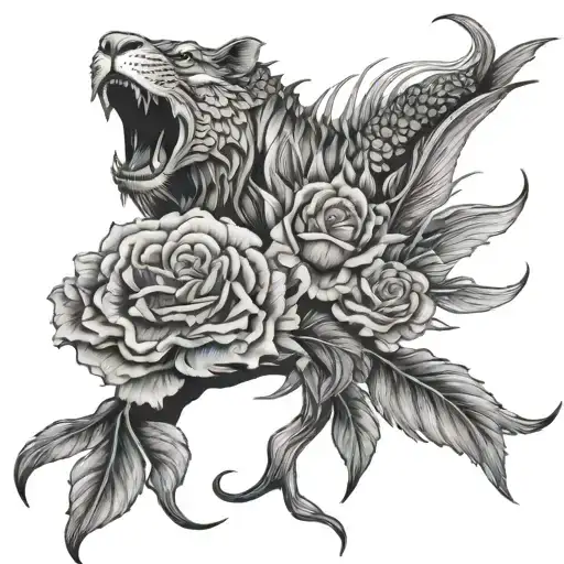 Roses 1 lion head 1 wolf arowana tattoo design idea