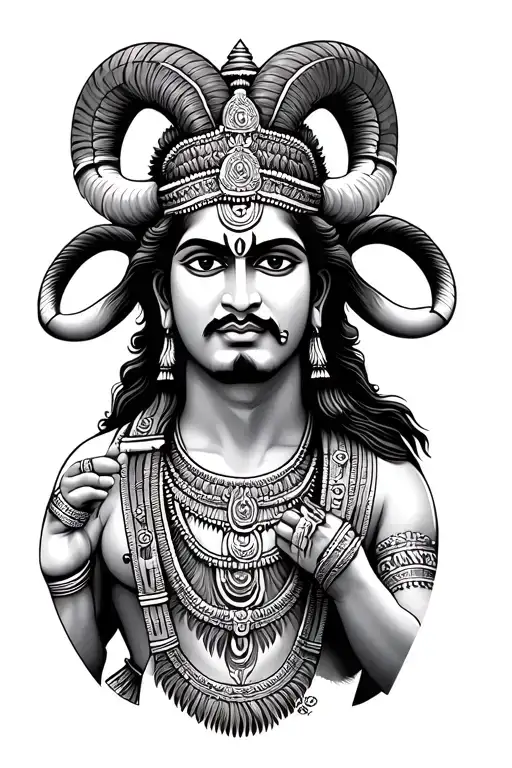 A band tattoo design which has a ram, Kailash mountain, Hanuman's gadha, Krishna tattoo design idea