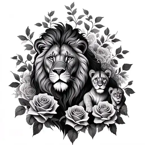 lion with a lioness and 3 cubs intertwined with roses tattoo design idea
