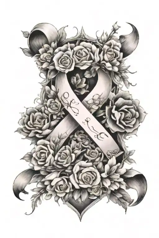 breast cancer ribbon surrounded by flowers tattoo design idea