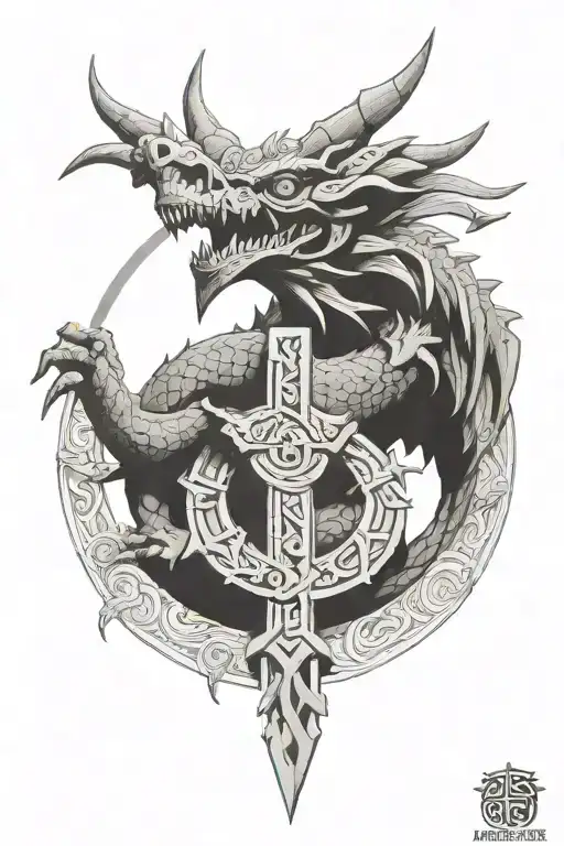 Aztec dragon wrapping around a cross  tattoo design idea