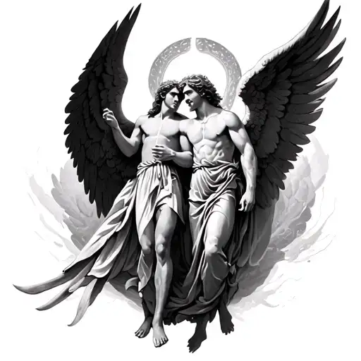 Archangel Michael and Gabriel sharing wings tattoo design idea