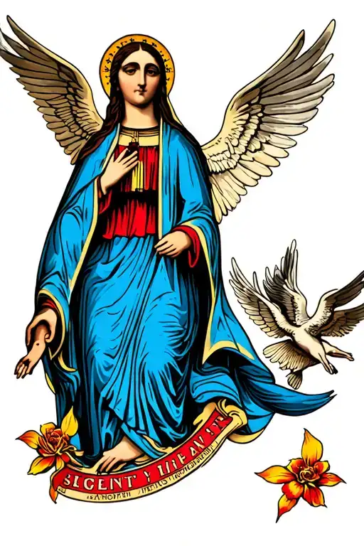 colorful our lady of Guadalupe with angels flying tattoo design idea
