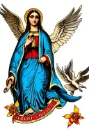 colorful our lady of Guadalupe with angels flying tattoo design idea
