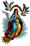 colorful our lady of Guadalupe with angels flying tattoo design idea