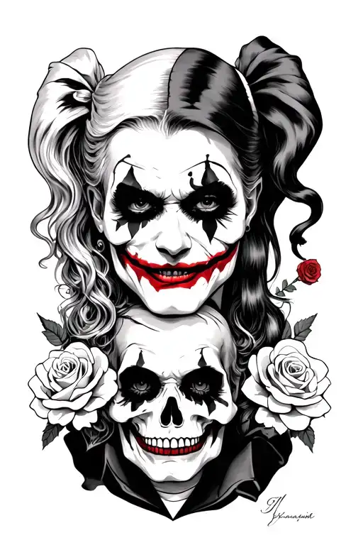 joker and harley quinn with skulls n roses tattoo design idea