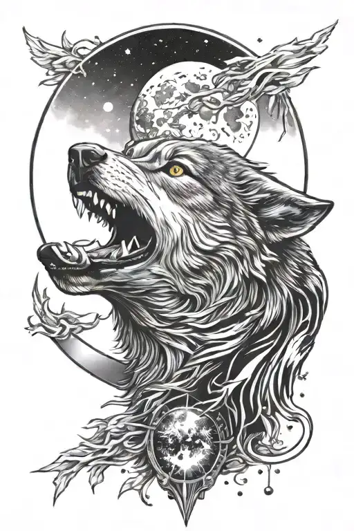 A black-grey tattoo of a wolf howling at the moon with the universe reflected in its eyes tattoo design idea