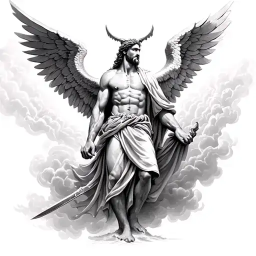 st michael killing lucifer Angle wings and storm clouds tattoo design idea