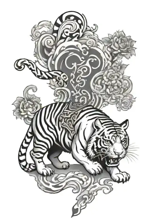 Thai writing with a tiger walking tattoo design idea
