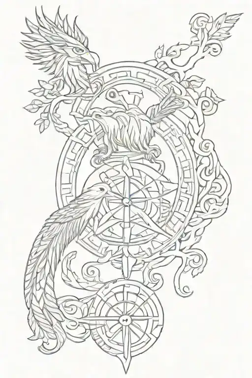 Traditional Scandinavian tattoo with fine lines, includes runes, Odin's ravens, Fenrir and the Yggdrasil symbol tattoo design idea