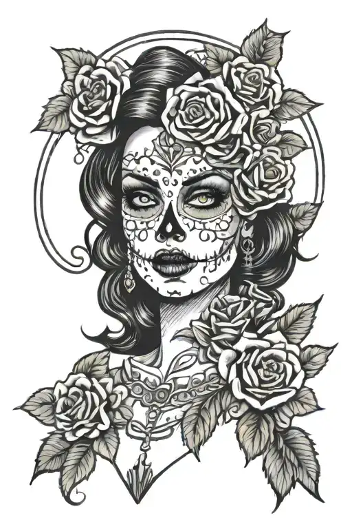 Day of the Dead celebration, female pin up surrounded by intricate roses tattoo design idea