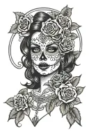Day of the Dead celebration, female pin up surrounded by intricate roses tattoo design idea