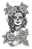 Day of the Dead celebration, female pin up surrounded by intricate roses tattoo design idea