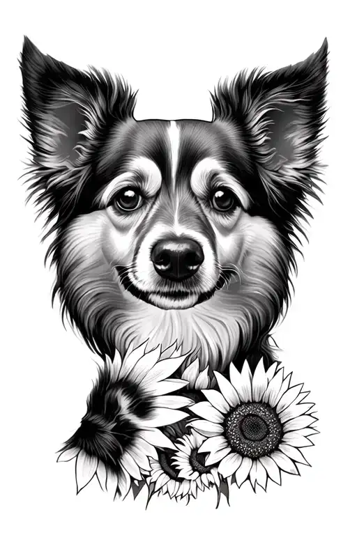Dog face portrait with a dog paw to the left.  Place a side view of the same dog below.  Fill in gaps with sunflowers. tattoo design idea