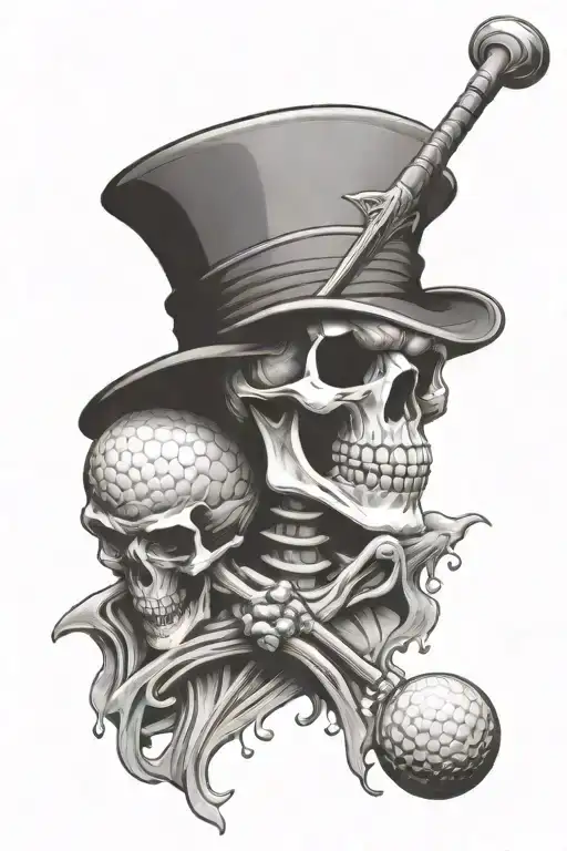Skeleton with hat, golf club and golf ball behind tattoo design idea