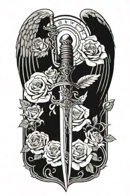angel wings behind sword, roses tattoo design idea
