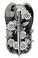 angel wings behind sword, roses tattoo design idea