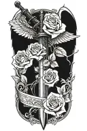 angel wings behind sword, roses tattoo design idea