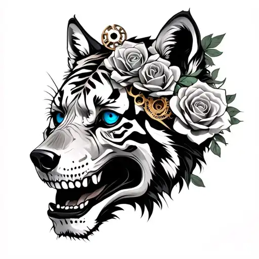 Skull roses tigers wolves clockwork mechanism blue eyes tattoo design idea