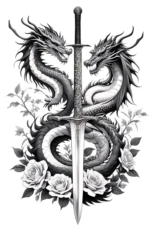 two japanese dragons coiled around a long sword, black and white tattoo design, high detail, flowers and roses around tattoo design idea
