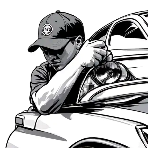 cleaning headlights on a car in c-town supermarket with backwards hat tattoo design idea