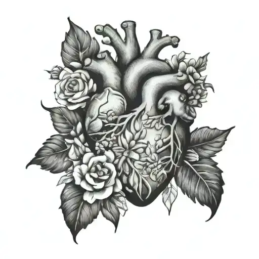 anatomical heart with flowers tattoo design idea