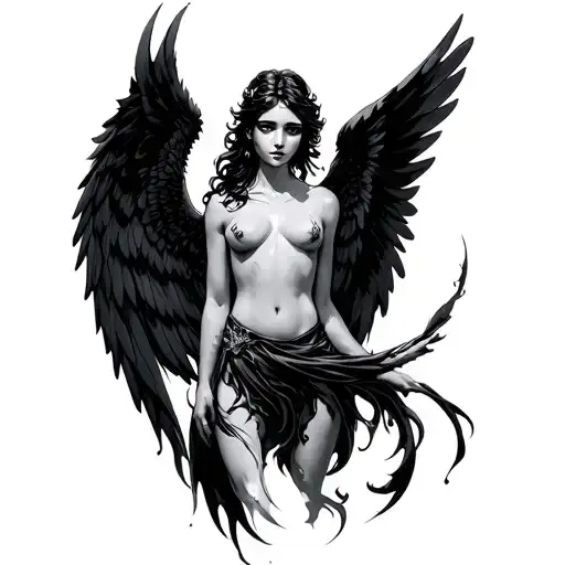 Black Angel with open wings tattoo design idea