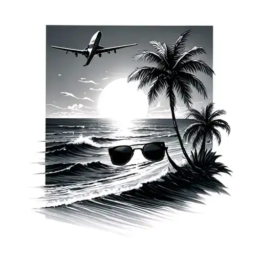 Palms, sun, aircraft, sea, sunglasses tattoo design idea