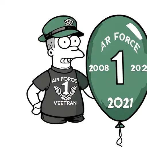 ralph wiggum wearing an Air force veteran shirt holding a green balloon with roman numeral 1. on top of 2008 - 2021 tattoo design idea
