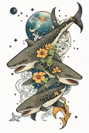 A night sky with different phases of the moon and under the starlight is a shark and koi fish showing the duality tattoo design idea